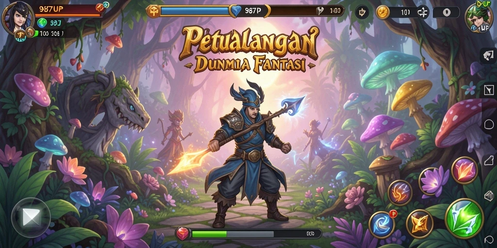 Screenshot menunjukkan karakter utama menjelajahi hutan mistis dengan suasana petualangan.