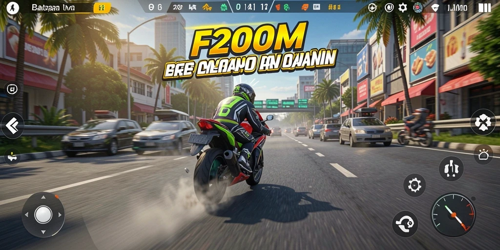 Screenshot F200M menampilkan balapan motor yang cepat dan mendebarkan.
