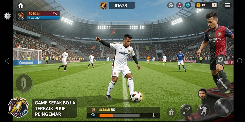 Screenshot menunjukkan tampilan permainan sepak bola yang mendebarkan.