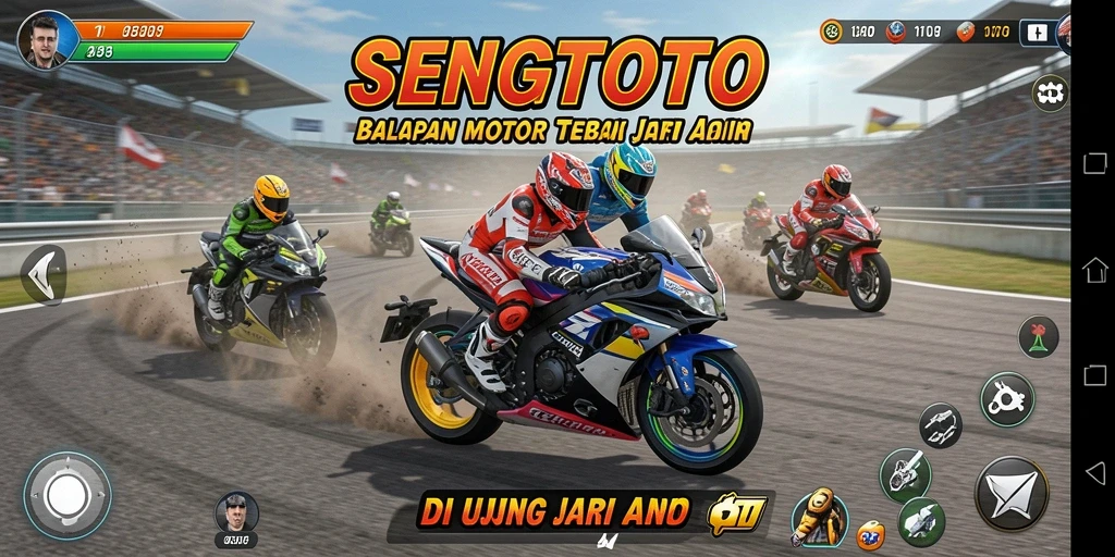 Screenshot gameplay SENGTOTO menampilkan aksi balapan motor yang mendebarkan.
